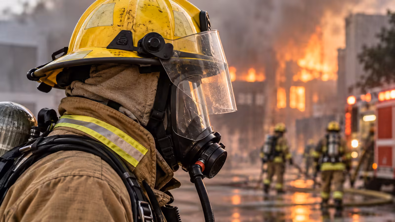Casco estructural, protector facial y máscara respiratoria usados como conjunto