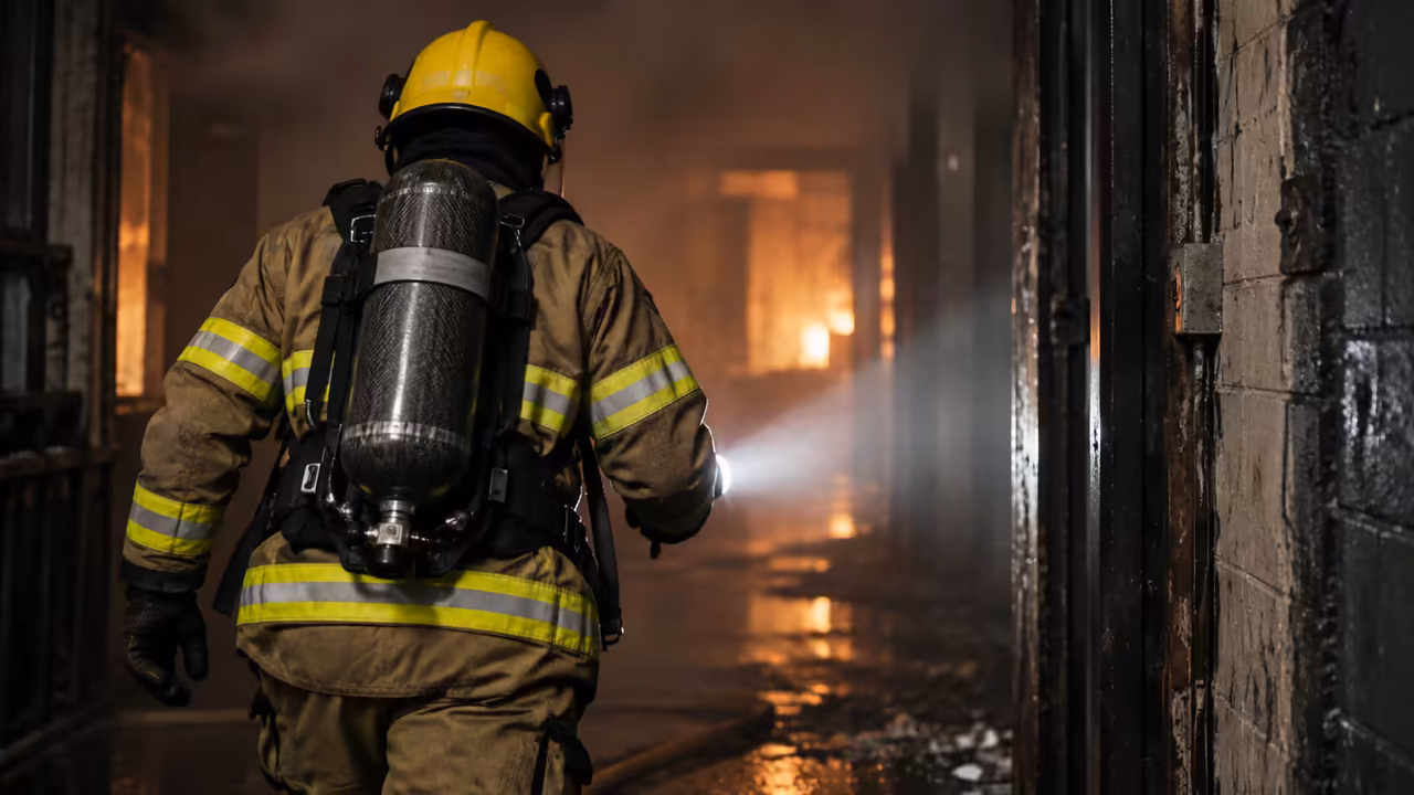 Equipo de respiración autónoma con cilindro de fibra de carbono durante ataque interior