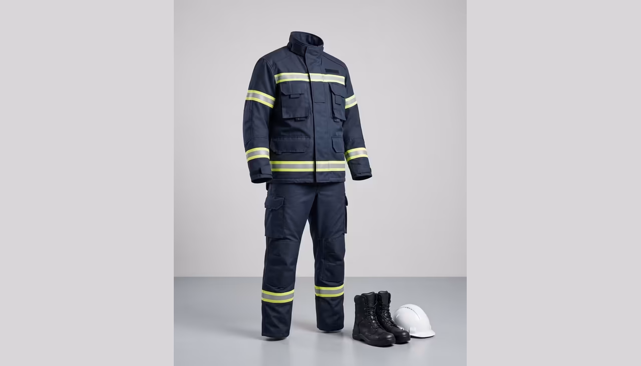 Conjunto brigadista con chaqueta, pantalonera, casco, capucha, guantes y botas
