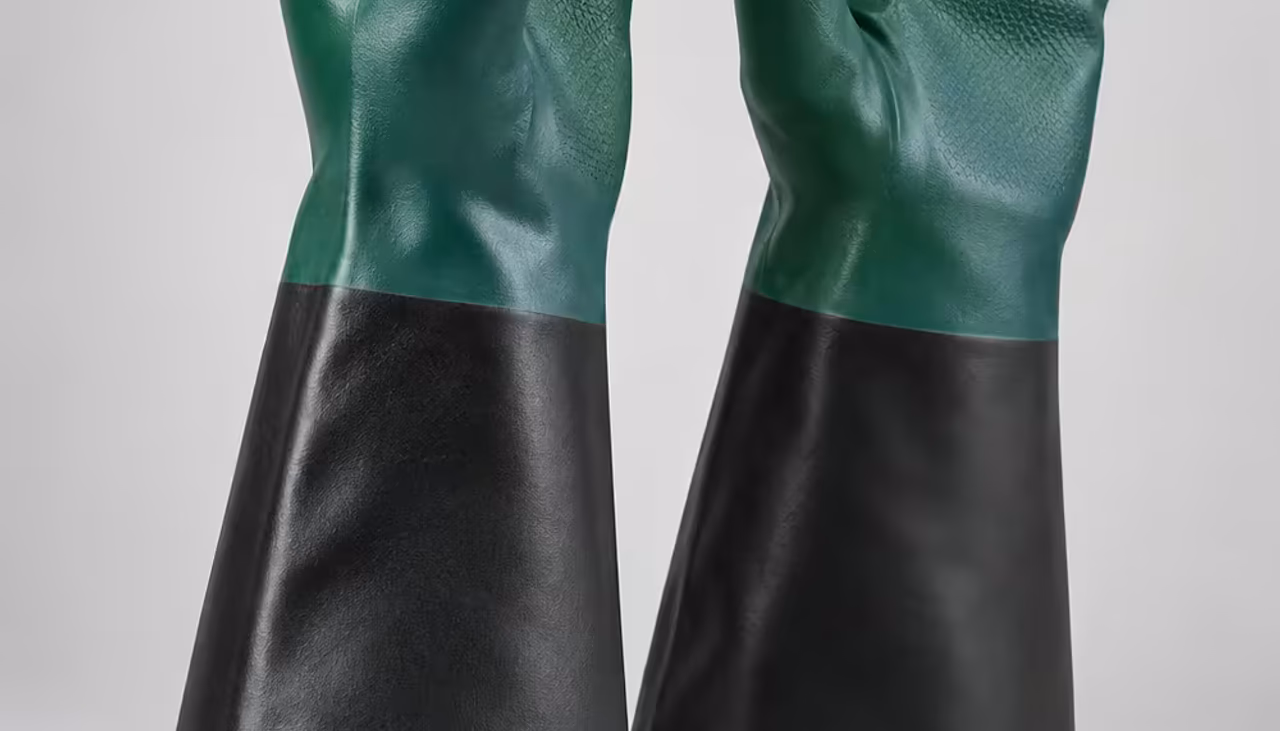 Par de guantes químicos largos para cerrar la interfaz con el traje