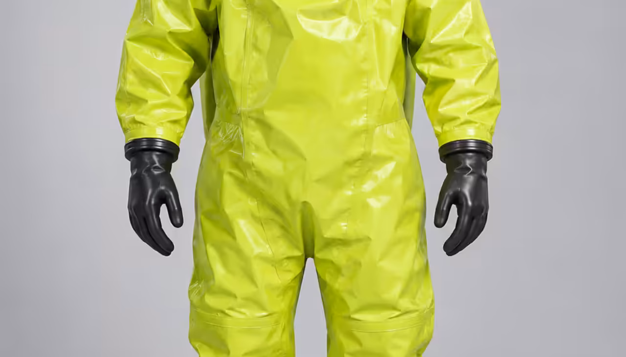 Traje encapsulado verde de nivel A con visor integral, guantes y botas químicas