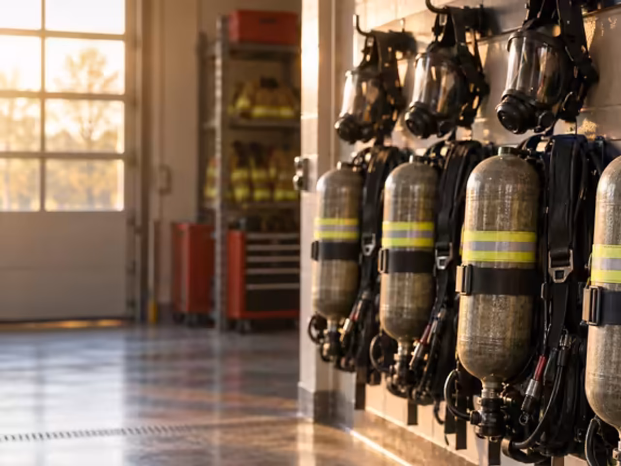 Casco, guantes y equipo de respiración autónoma para bombero