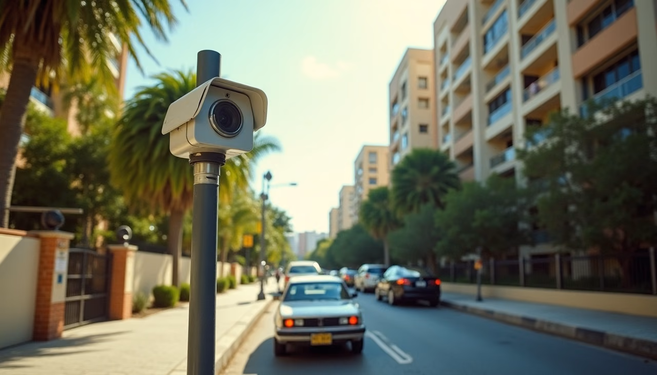 Cámara de lectura de placas captando un auto en la pluma vehicular del condominio, con la caseta al lado