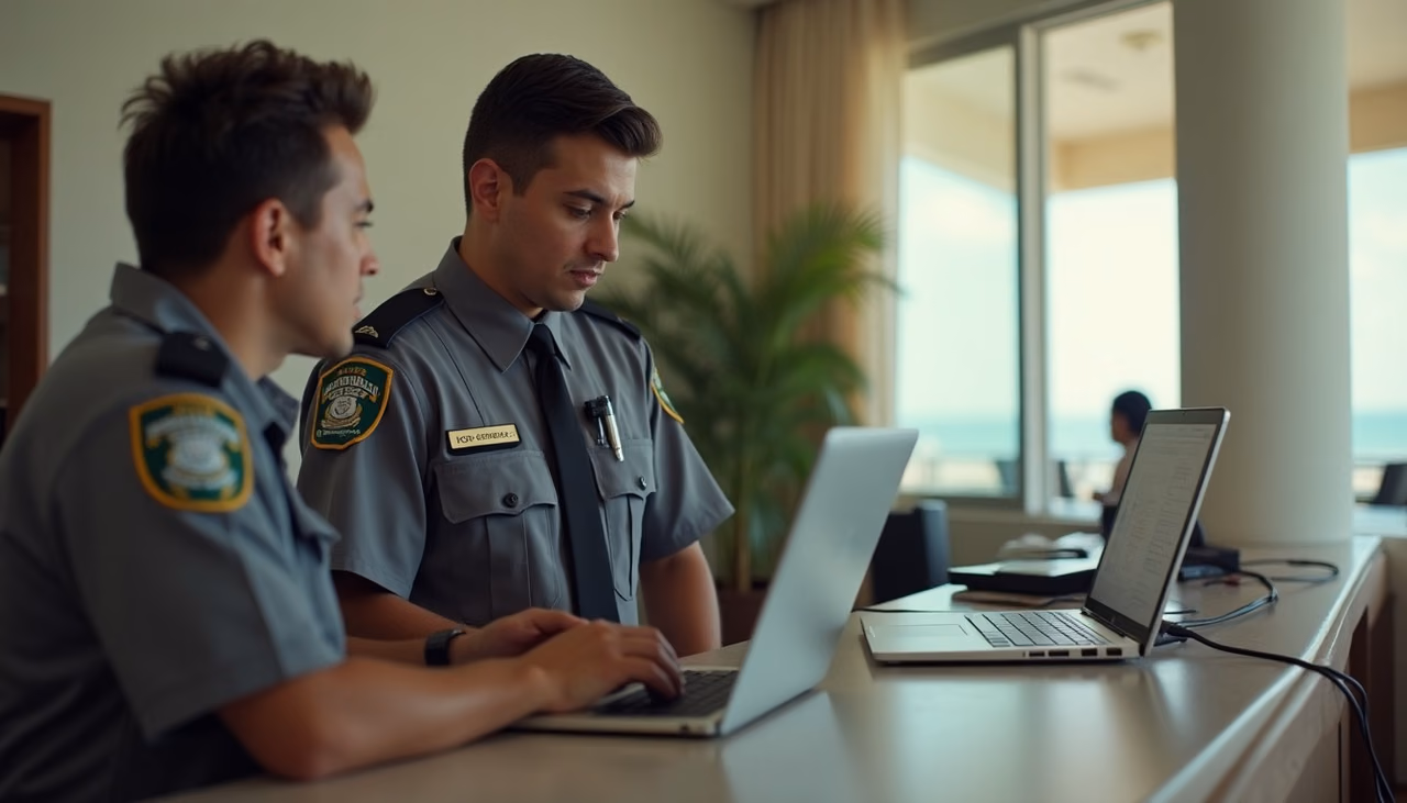 Guardia y administradora revisando juntos el padrón de residentes en una laptop en la oficina