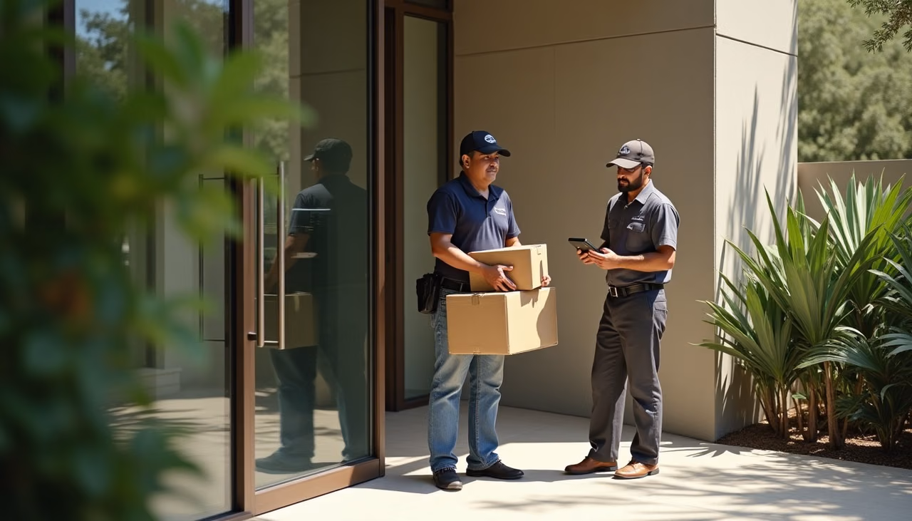 Repartidor con cajas esperando en el acceso de servicio mientras el guardia registra su entrada