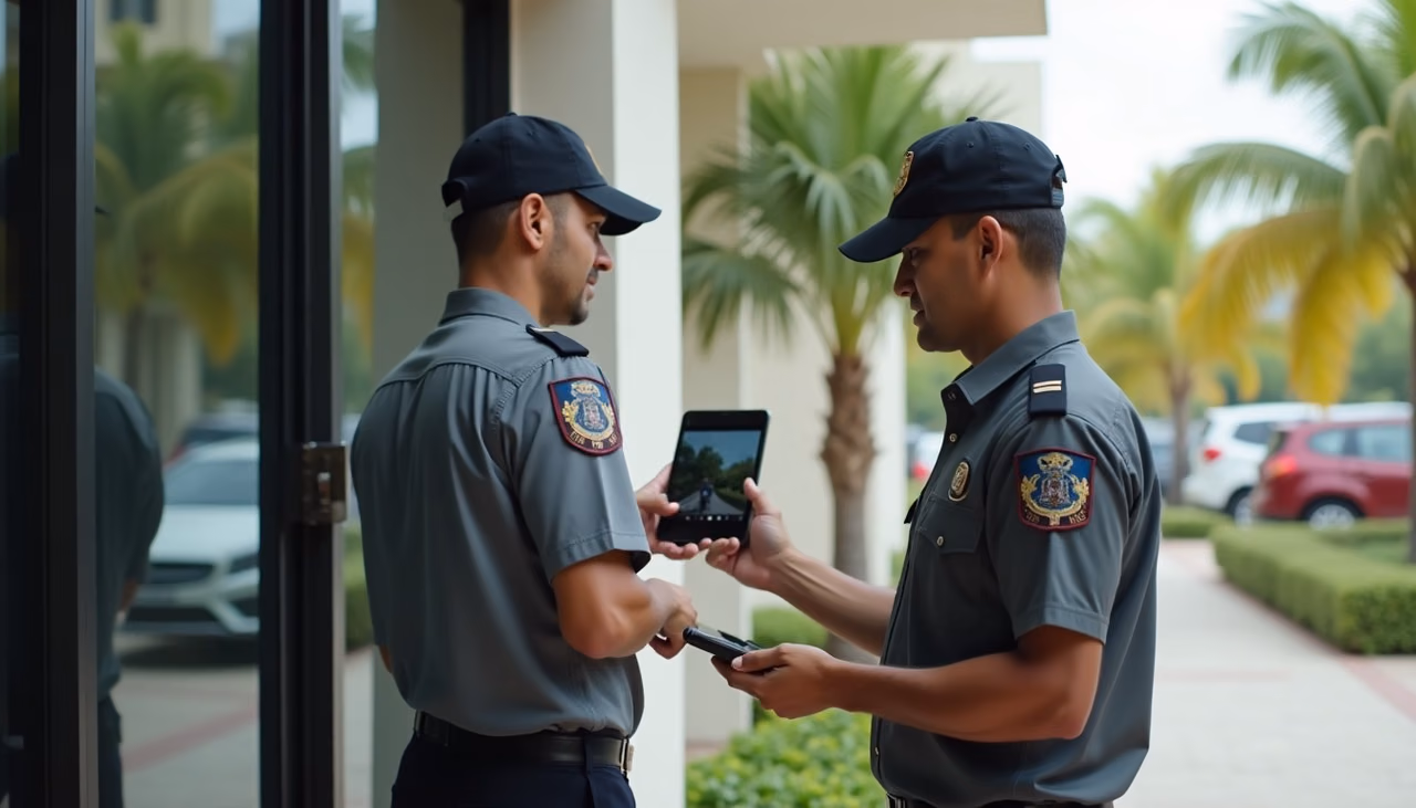 Guardia fotografiando con la tableta la identificación de un visitante en la caseta de entrada