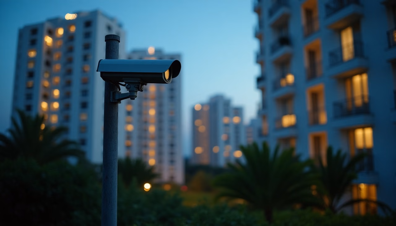Cámara PTZ montada en poste sobre el jardín del condominio al anochecer