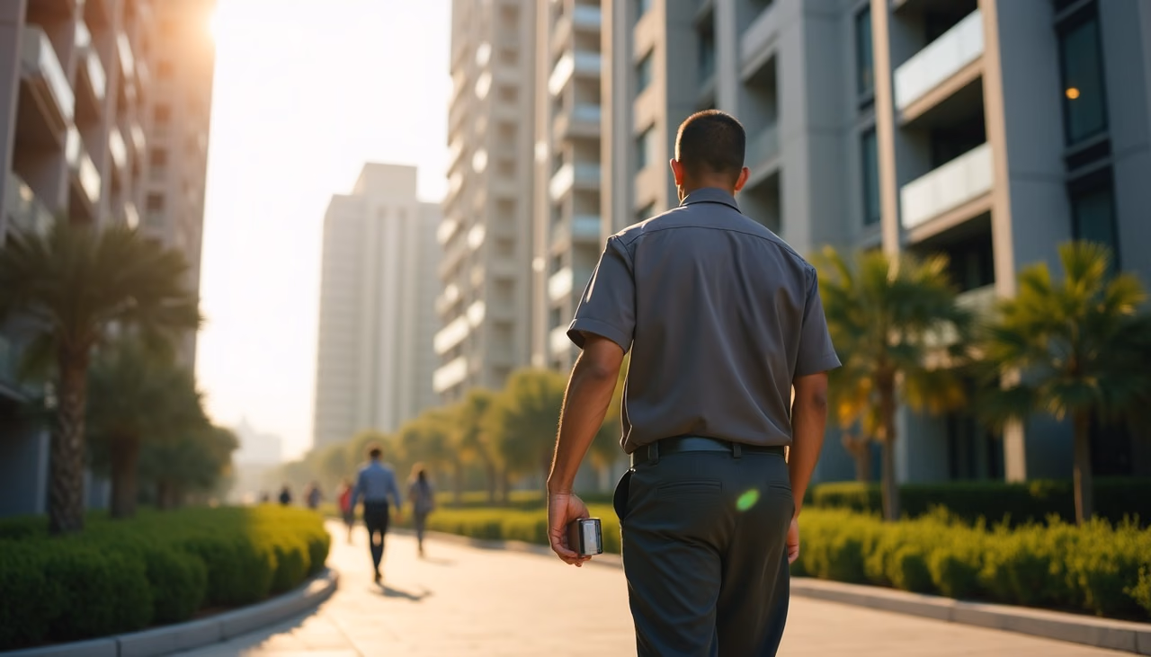 Guardia recorriendo con tableta el andador ajardinado entre torres del condominio
