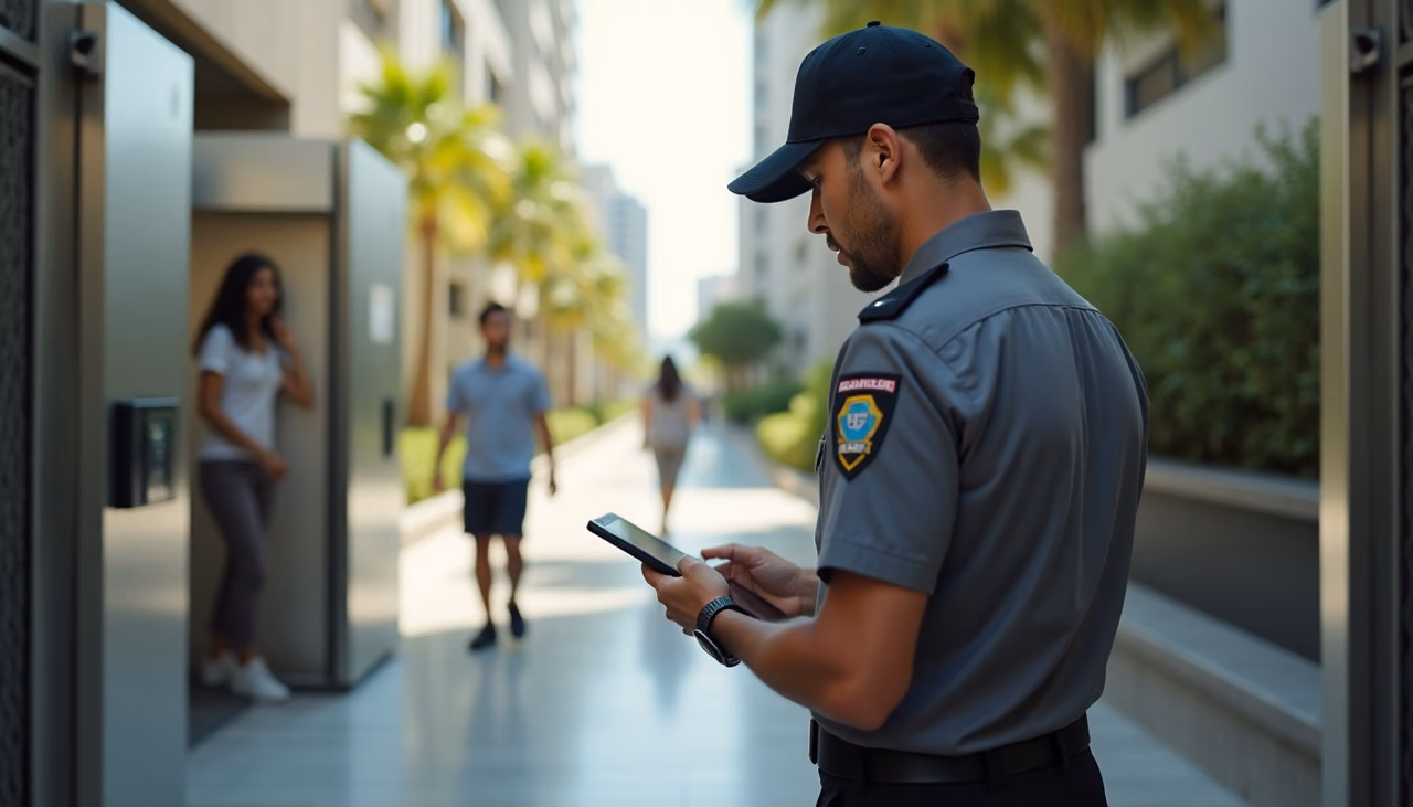 Guardia verificando a un visitante con tableta junto al lector biométrico del acceso peatonal