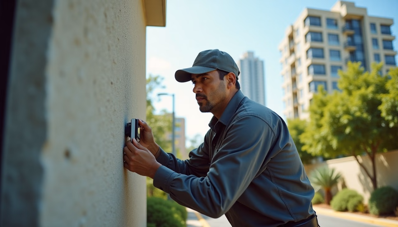 Técnico instalando un sensor perimetral en la barda de un condominio