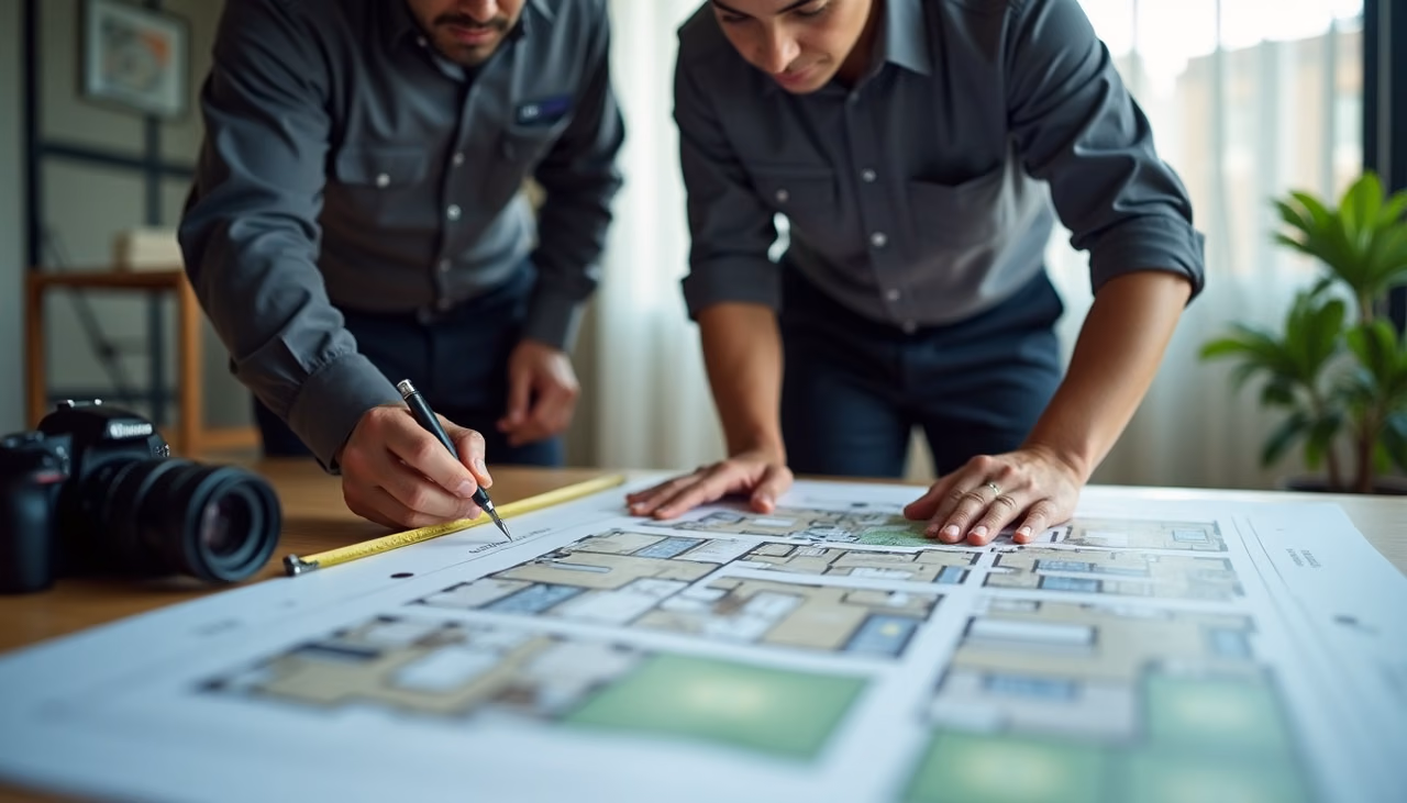 Dos consultores anotando el plano impreso de un conjunto residencial sobre la mesa