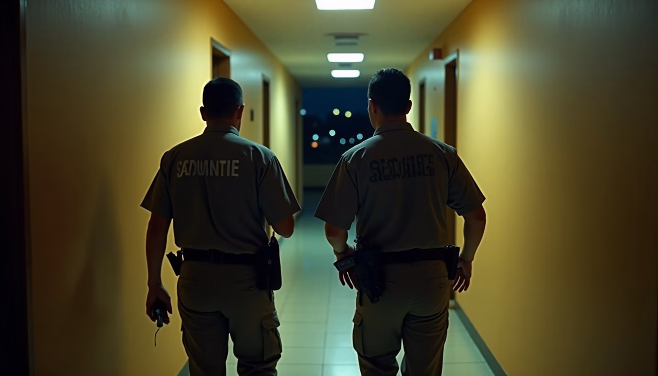 Dos guardias avanzando por el pasillo de un condominio de noche con radio y linterna