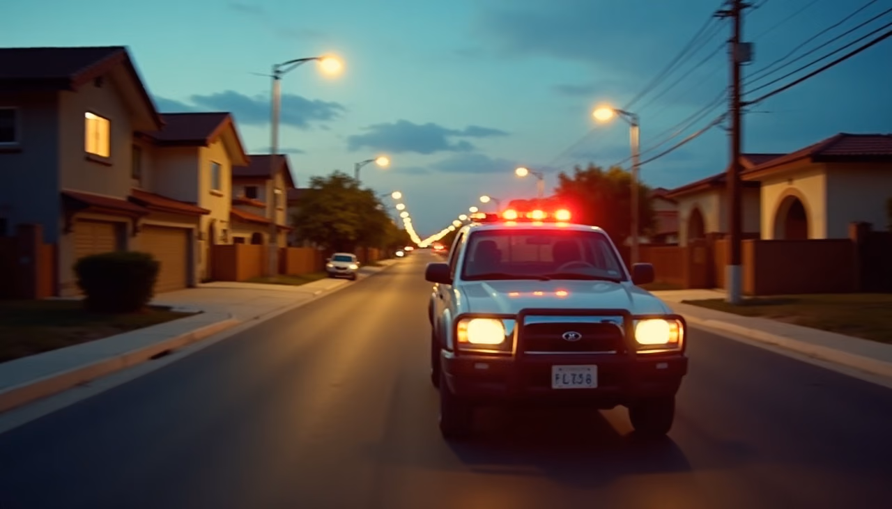 Camioneta de patrullaje recorriendo al atardecer la calle interna de un desarrollo residencial