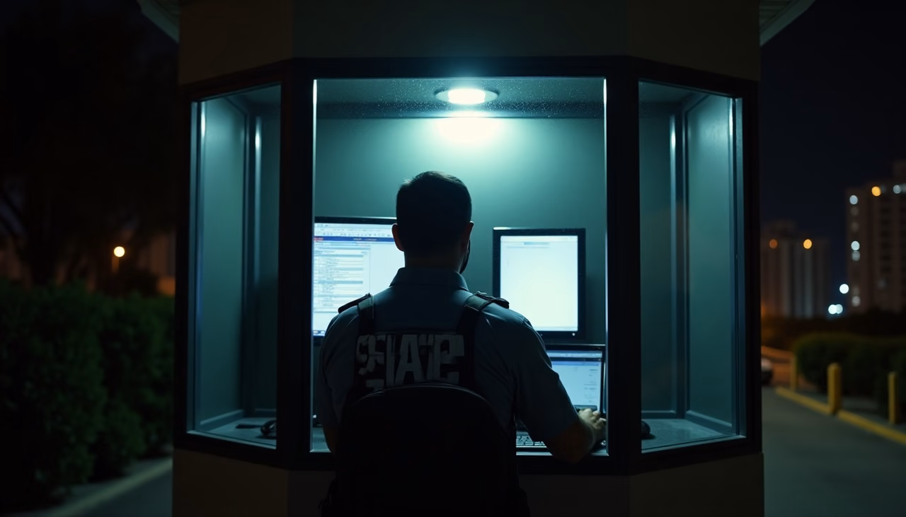 Guardia de SeguridadPrivadaMX en la caseta iluminada de un condominio durante el turno nocturno