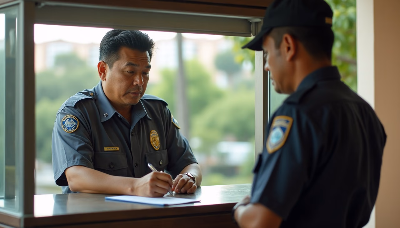 Supervisor firmando la hoja de constancia durante su ronda en la caseta del condominio