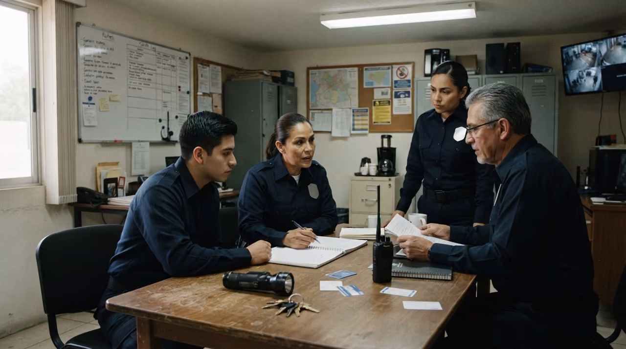 Tres elementos y un supervisor repasando la consigna del turno en la mesa de la oficina, con radios sobre la mesa y un monitor de cámaras al fondo