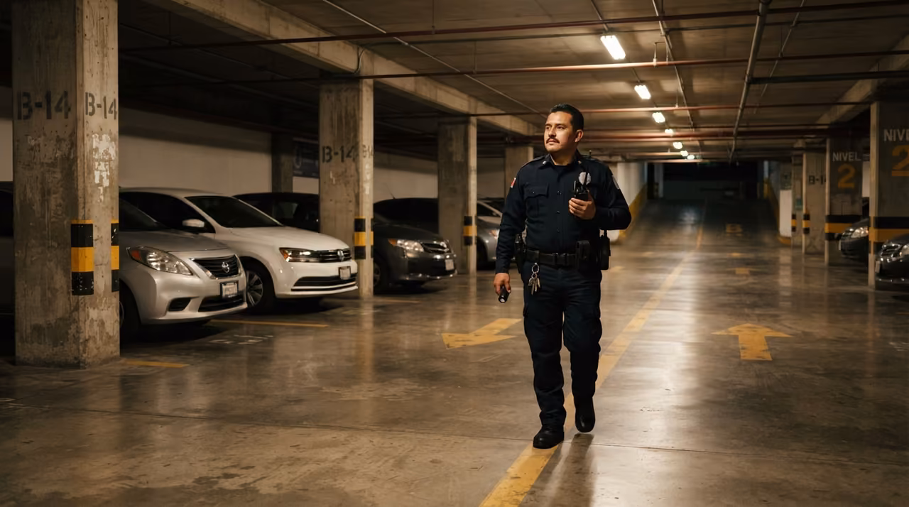 Elemento con el radio en la mano revisando el estacionamiento subterráneo tras una alerta