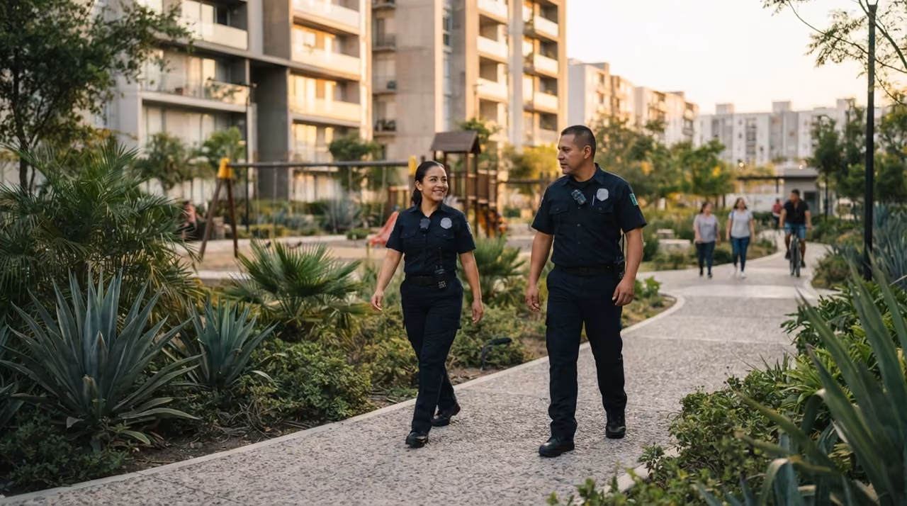 Pareja de elementos verificando en sitio el andador ajardinado del conjunto durante el día