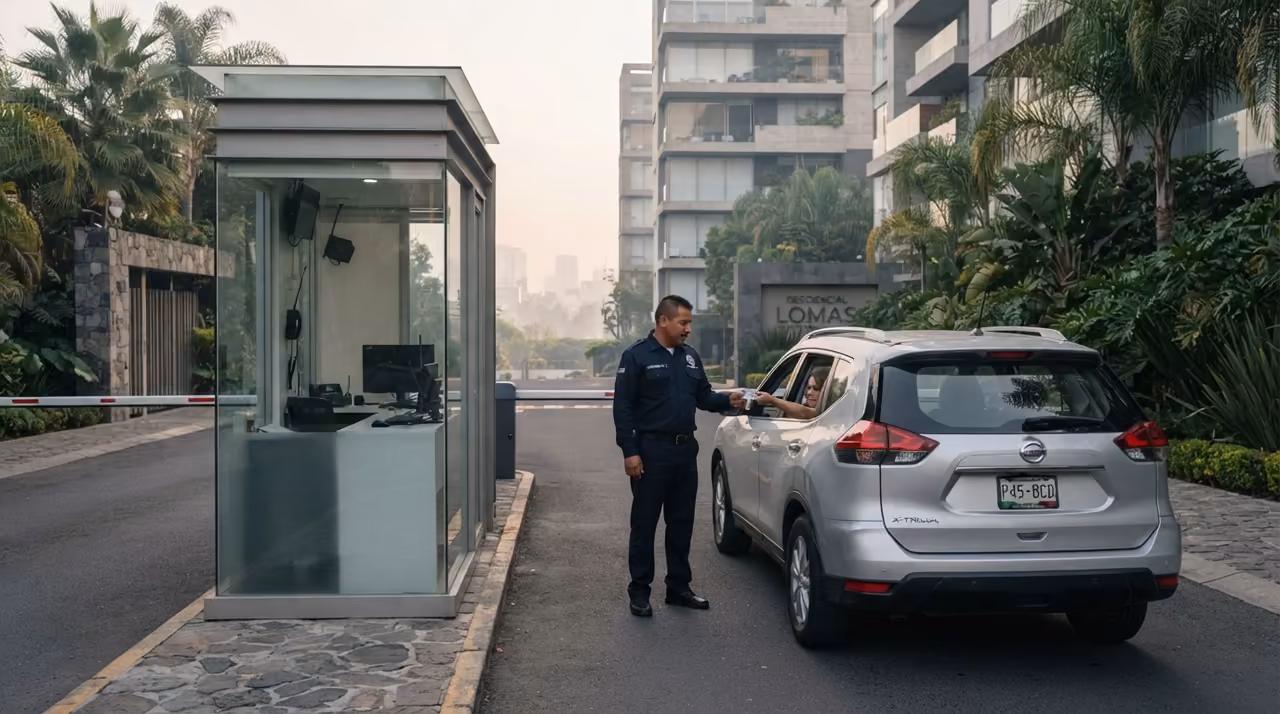 El acceso vehicular del condominio al amanecer, con el elemento revisando un vehículo junto a la caseta