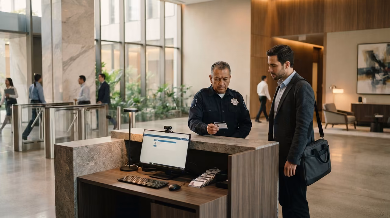 Elemento cotejando la identificación de un visitante en el mostrador: el procedimiento de registro, observado en vivo