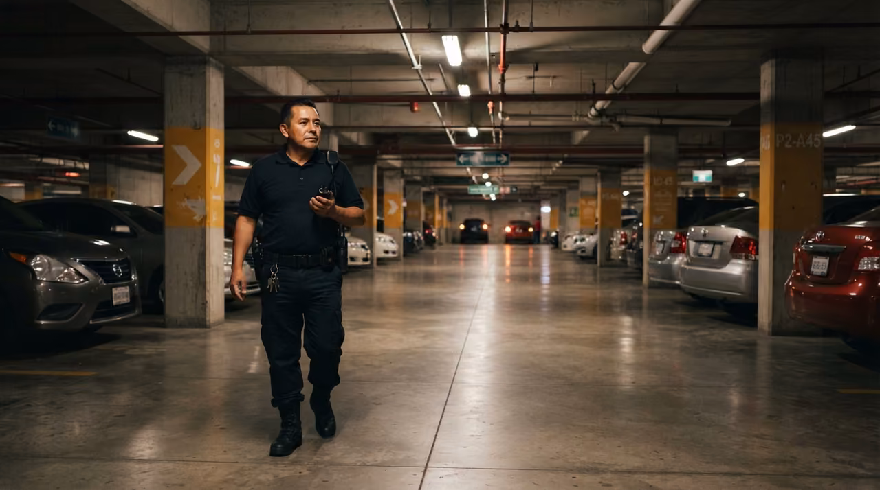 Elemento recorriendo el estacionamiento subterráneo, una de las zonas ciegas que el análisis lista con nombre