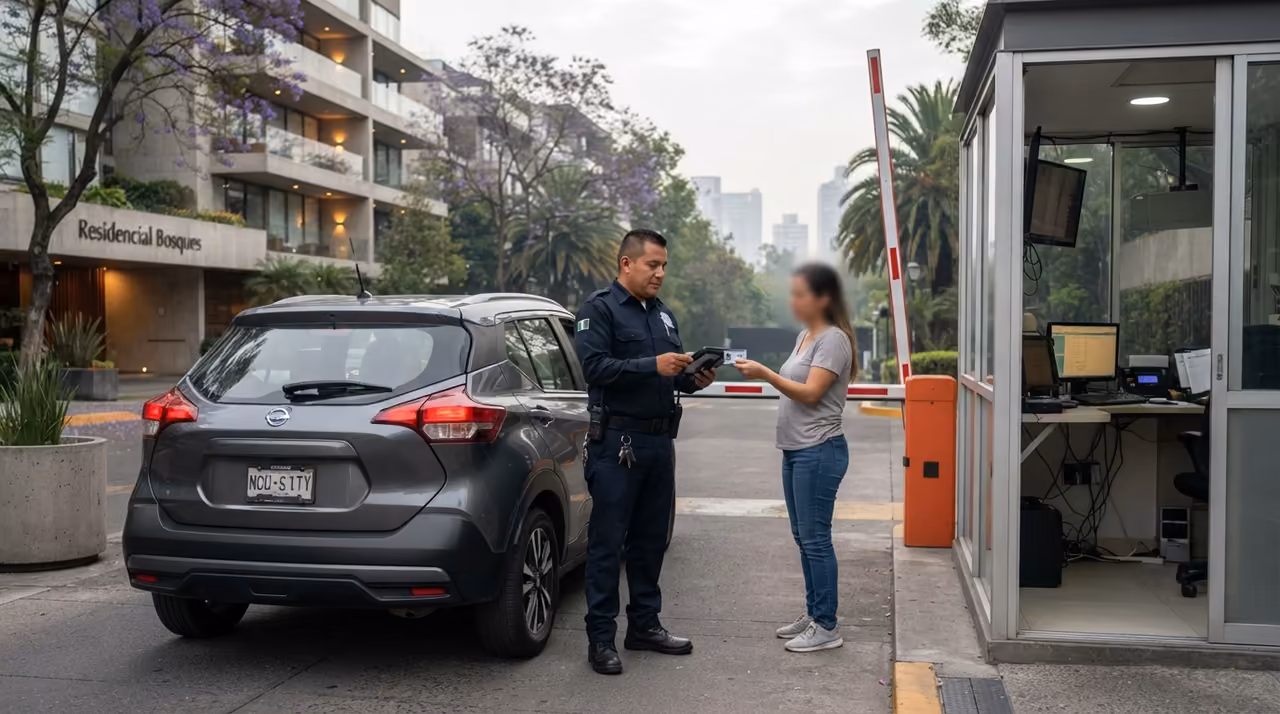 Guardia atendiendo a una residente junto a la caseta y la pluma del acceso vehicular del residencial