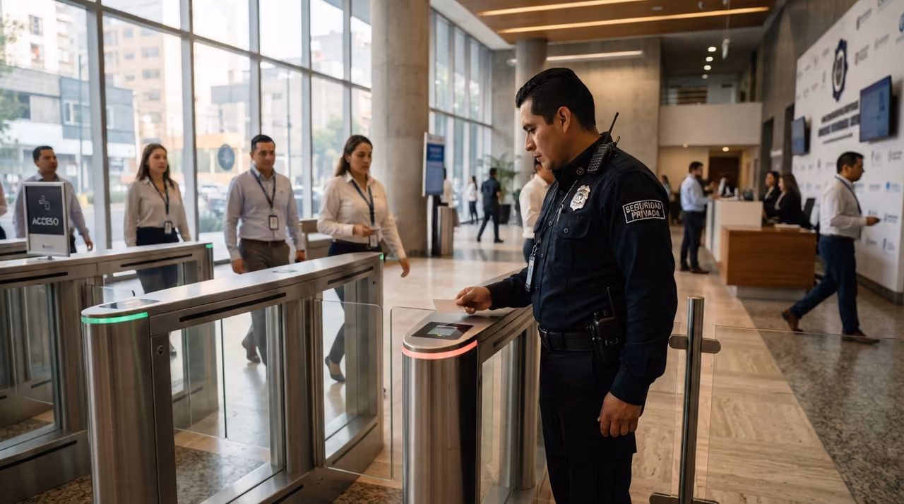 Elemento acercando una credencial al lector del torniquete para validar un acceso