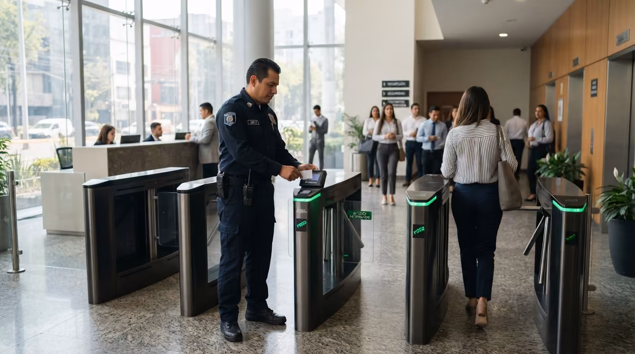 Fila de torniquetes con lectores en verde y elementos supervisando el flujo del vestíbulo