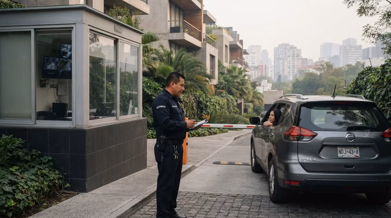 Elemento registrando en su tabla los datos de la camioneta gris detenida ante la pluma de la caseta
