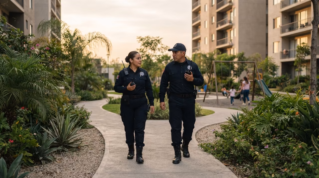 Pareja de elementos caminando de frente por el andador del fraccionamiento, con el área de juegos y familias al fondo