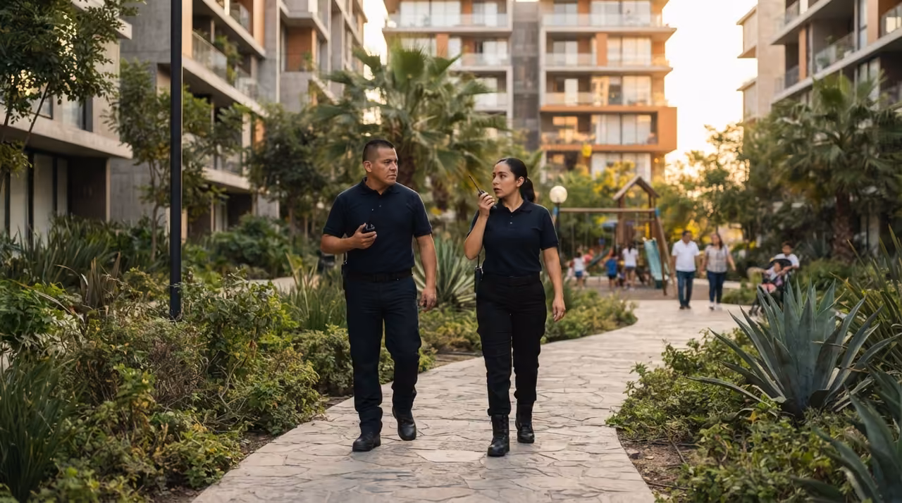 Pareja de elementos cerrando el recorrido del día entre palmeras al atardecer, con vecinos caminando al fondo
