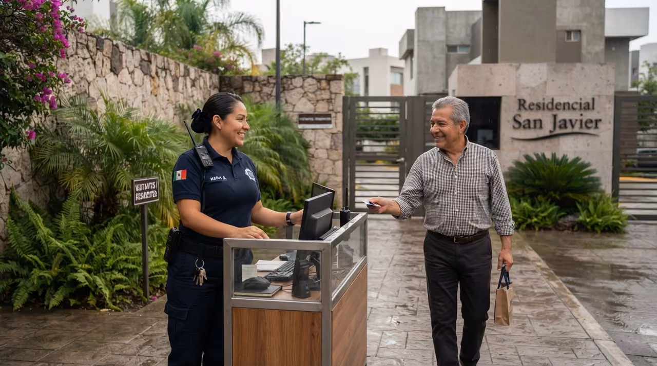 Elemento entregando una identificación a un residente en la caseta del Residencial San Javier