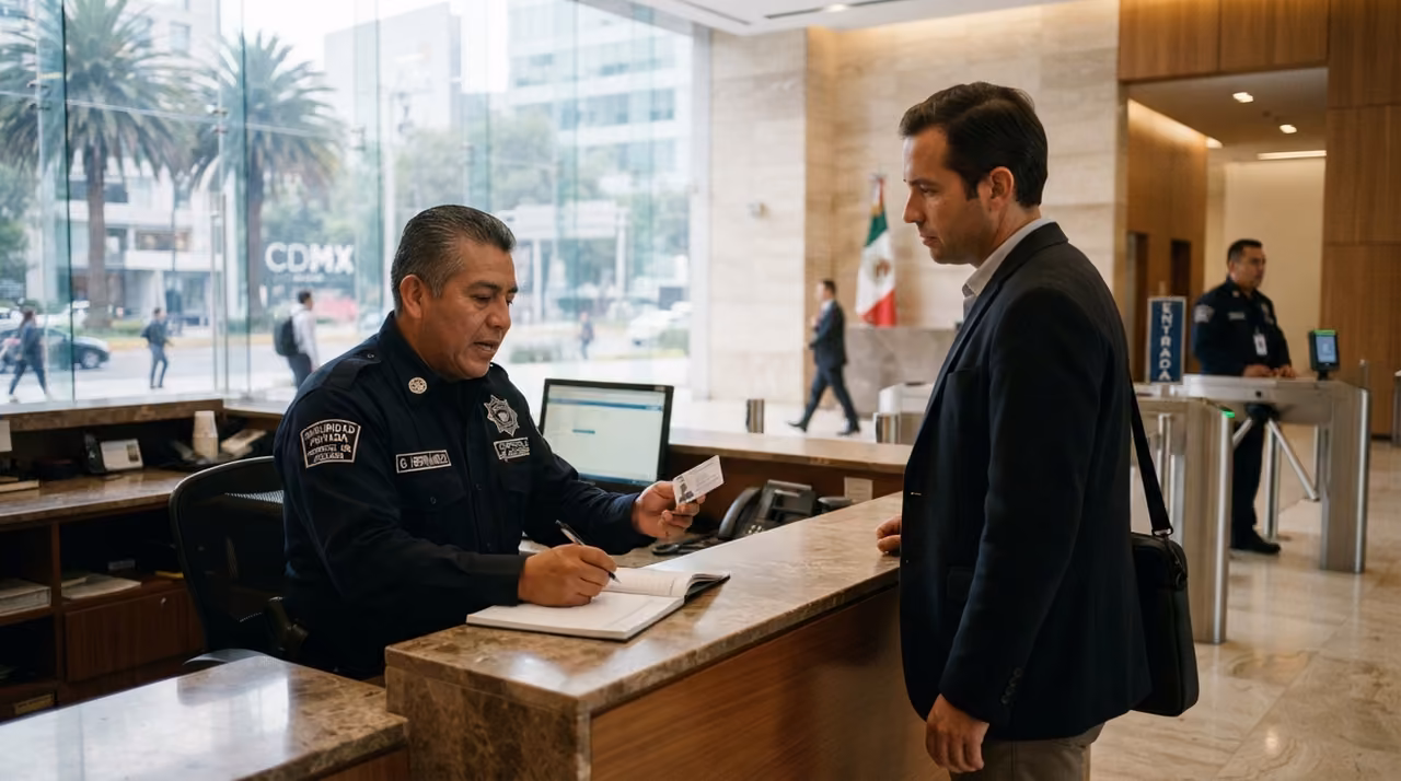 Oficial registrando a un visitante con gafete en el mostrador del vestíbulo, junto a la bandera