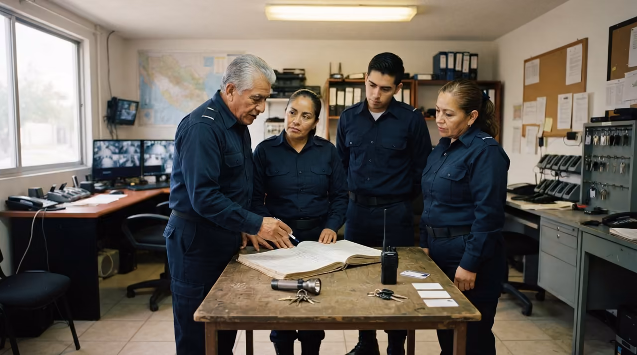Supervisor repasando la bitácora de consignas con tres elementos sobre la mesa de la caseta