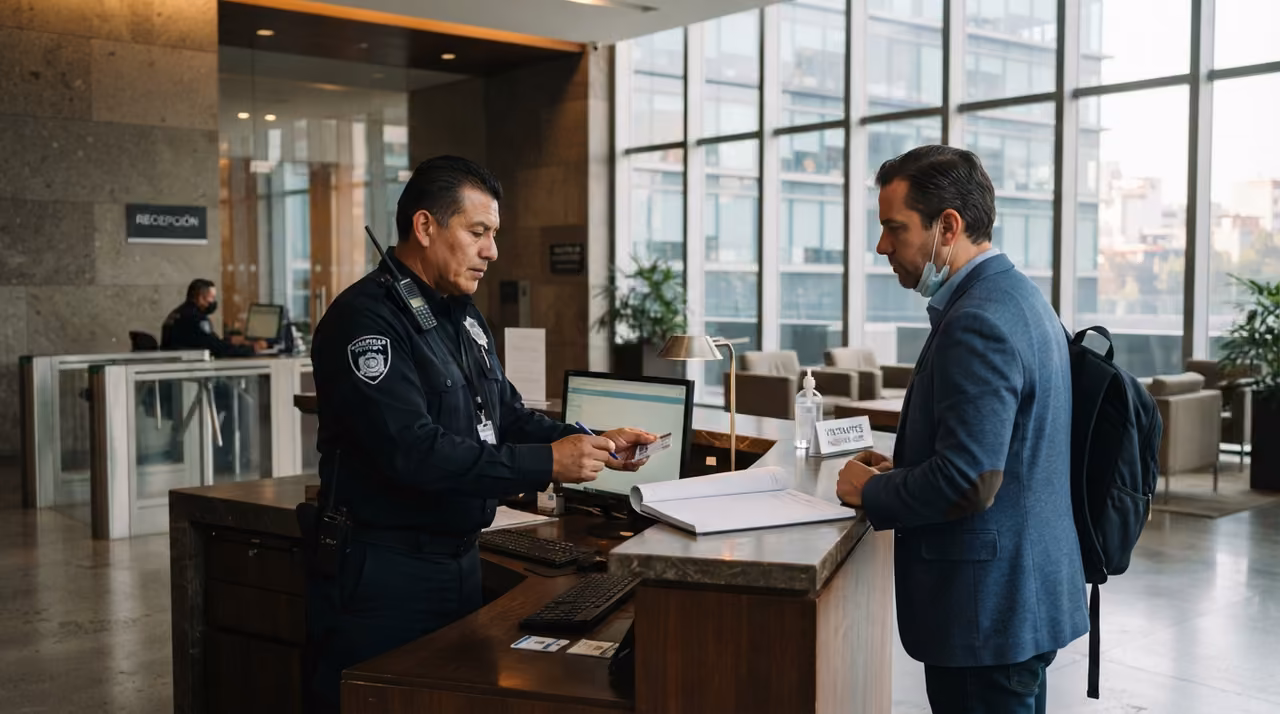 Guardia registrando en el mostrador del lobby a un visitante de saco con mochila, laptop de por medio