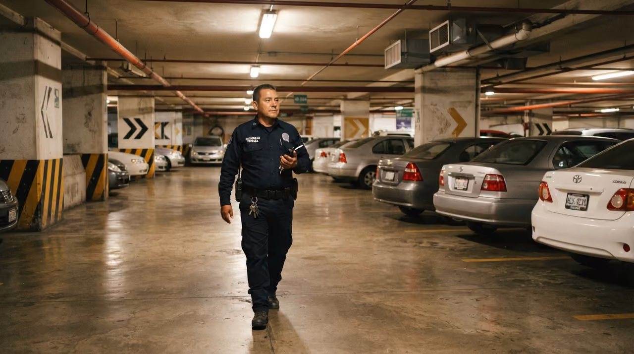 Guardia con radio recorriendo el estacionamiento subterráneo entre los autos de los residentes