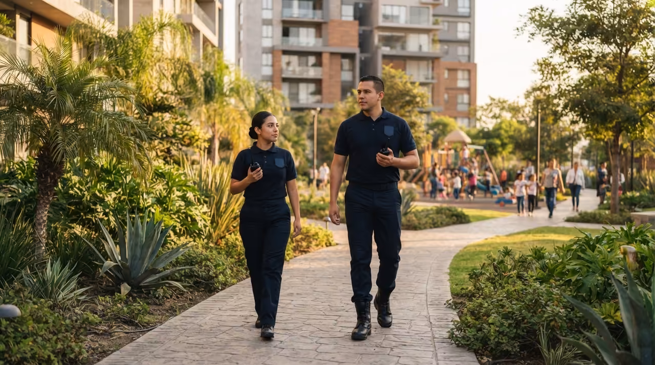 Dos elementos avanzando por el andador del condominio con el radio en mano tras recibir una indicación