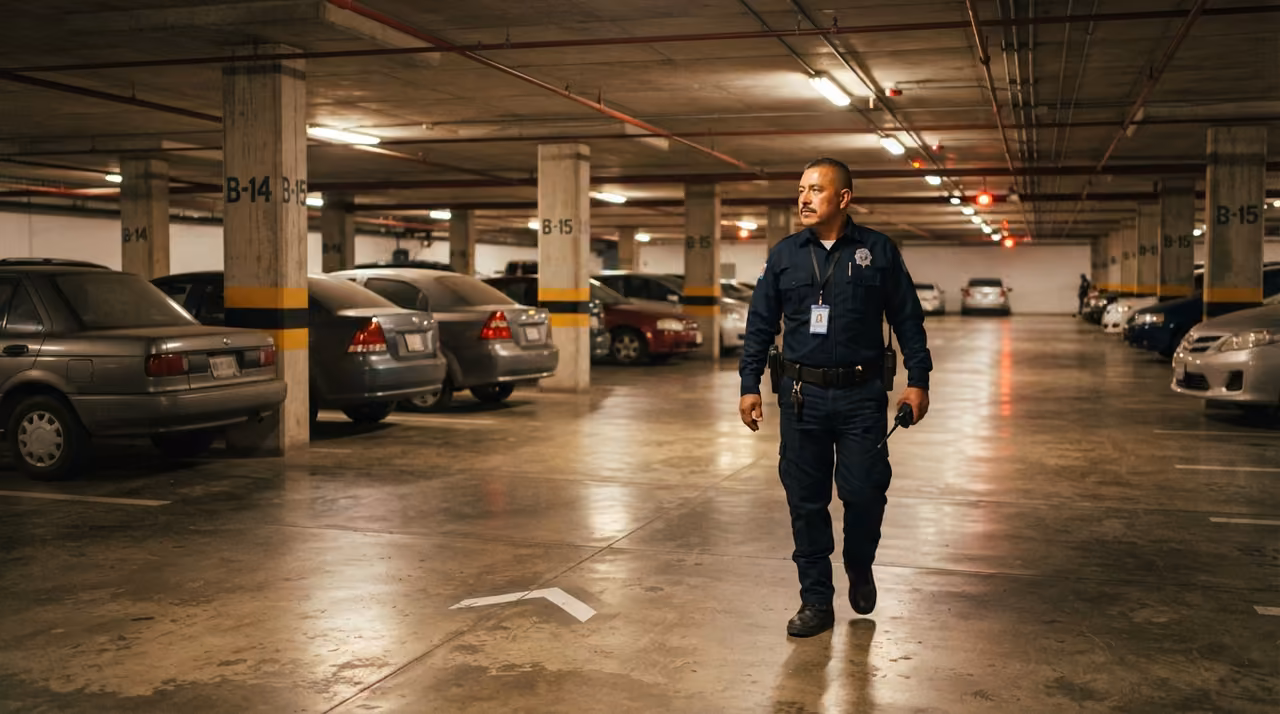 Elemento caminando entre las filas de autos del estacionamiento subterráneo, no por el pasillo central