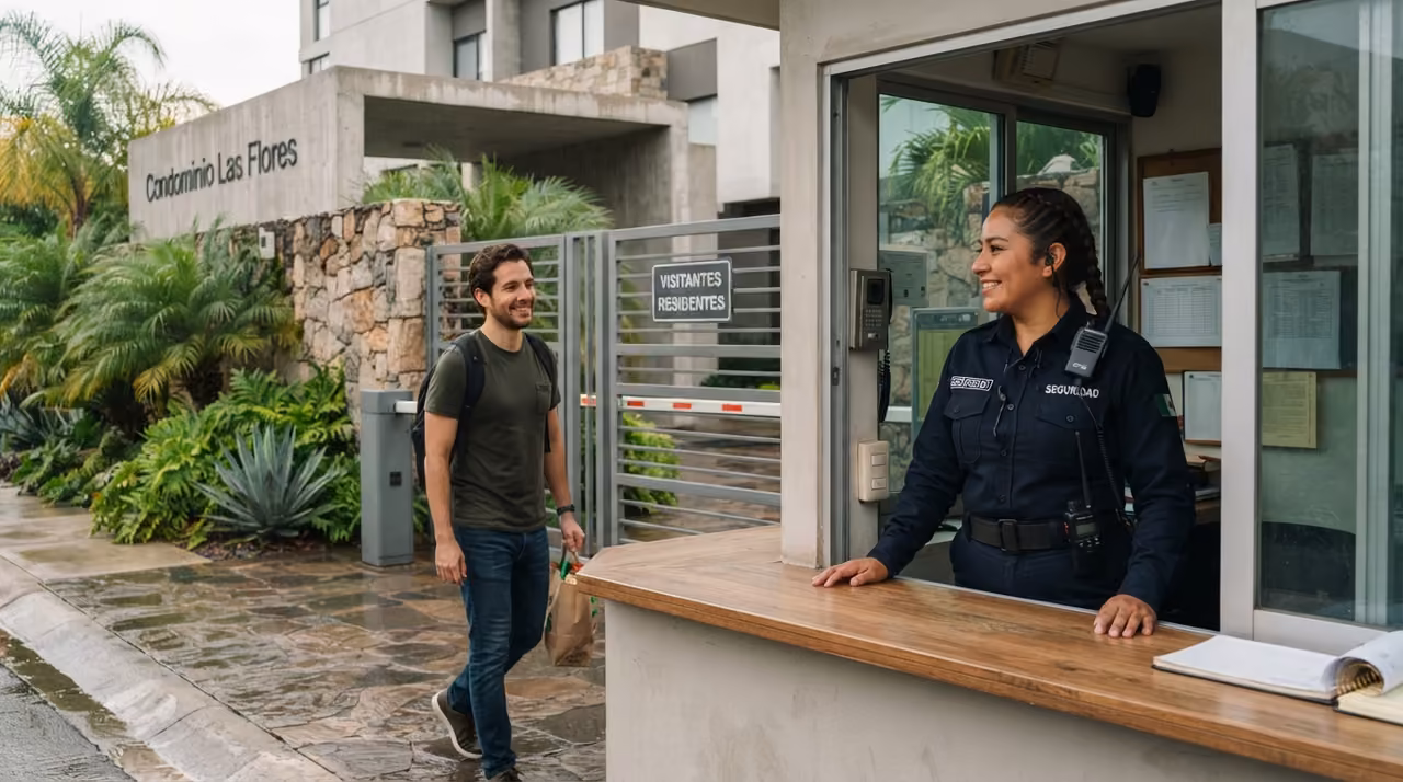 Guardia de SEPRICO en la ventanilla de la caseta del Condominio Las Flores recibiendo a un residente bajo la lluvia