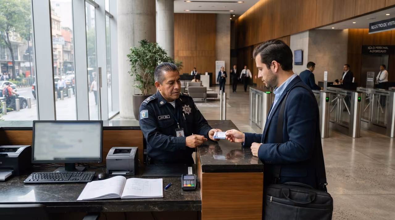 Guardia entregando su credencial de visitante a un hombre de saco en el mostrador, con el registro abierto