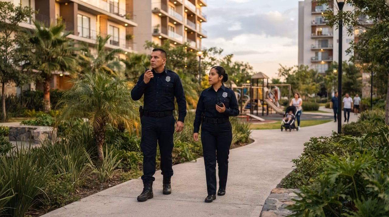 Dos elementos recorriendo el andador ajardinado del condominio con residentes y una carriola al fondo