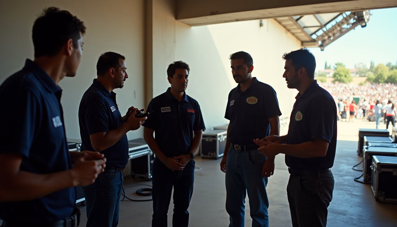 Equipo de foso reunido con su supervisor bajo un costado del escenario antes de abrir puertas