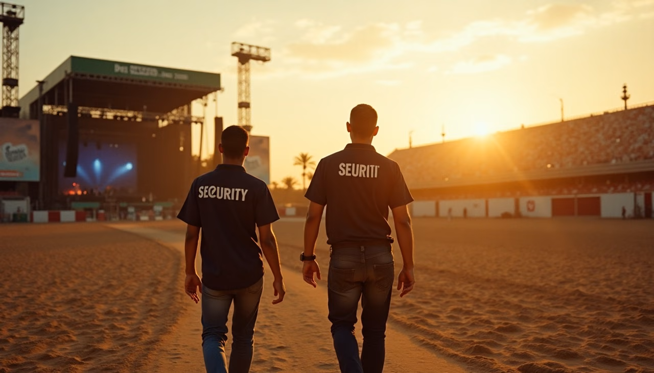 Dos elementos recorriendo el predio vacío al amanecer, después del desalojo, con las vallas todavía montadas
