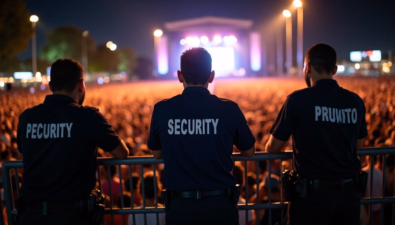 Tres elementos sosteniendo la valla frontal desde adentro mientras el público empuja durante el show
