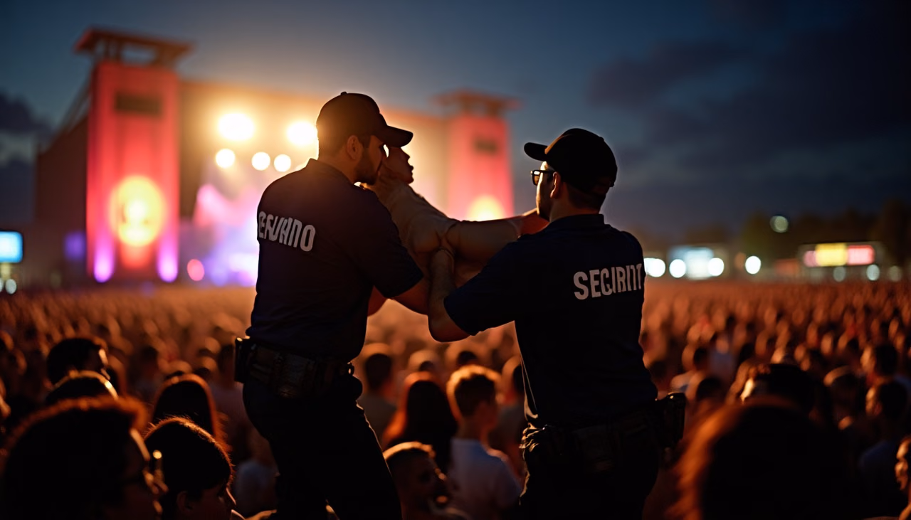 Dos elementos levantando por encima de la valla a una asistente para sacarla del frente del escenario