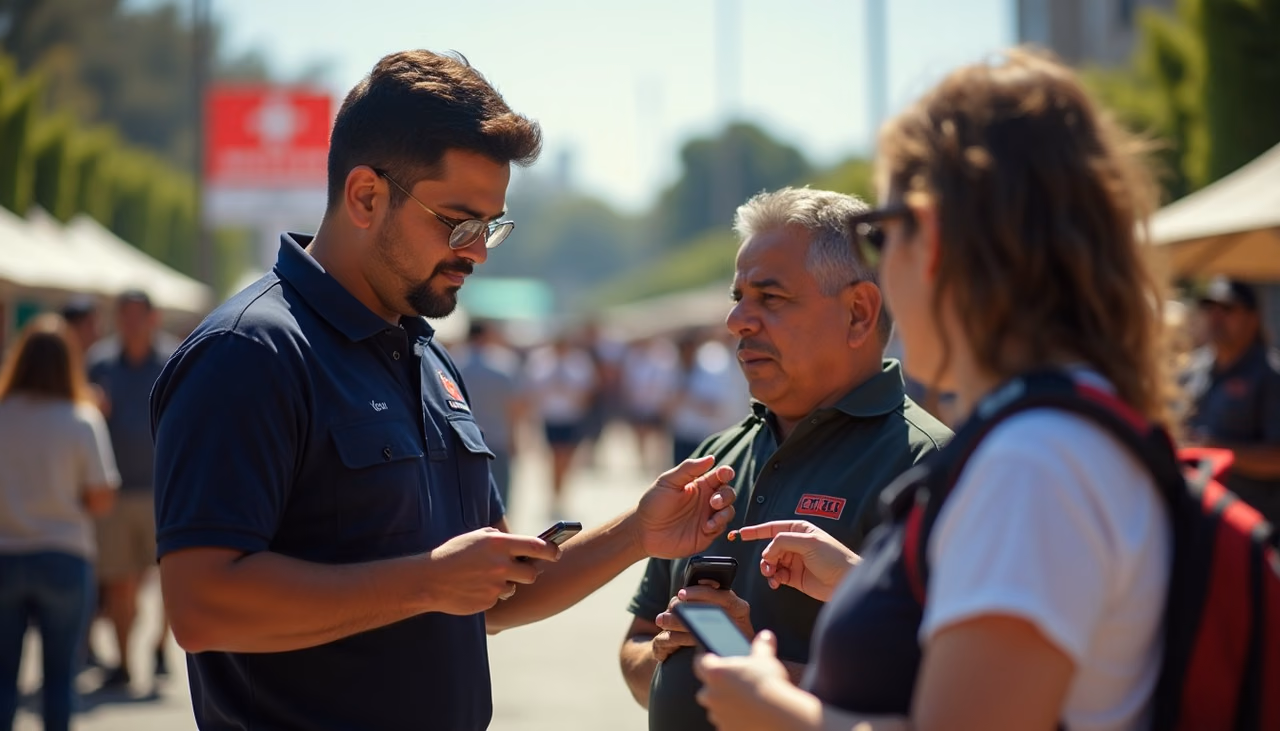 Elemento escaneando con lector de mano el código del boleto en el teléfono de un asistente