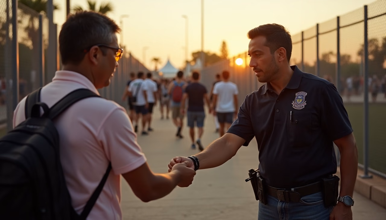 Elemento verificando la pulsera de un asistente que regresa por la puerta de reingreso al caer la tarde