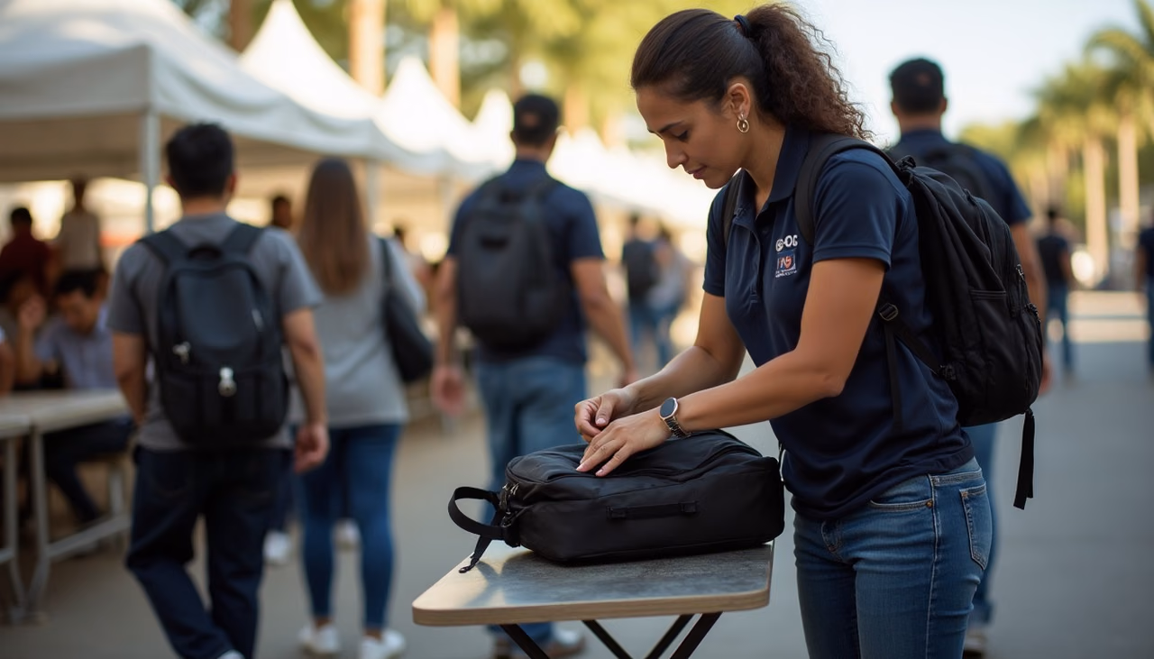 Elemento de SEPRIEV revisando el contenido de una mochila sobre la mesa de inspección en el acceso del evento