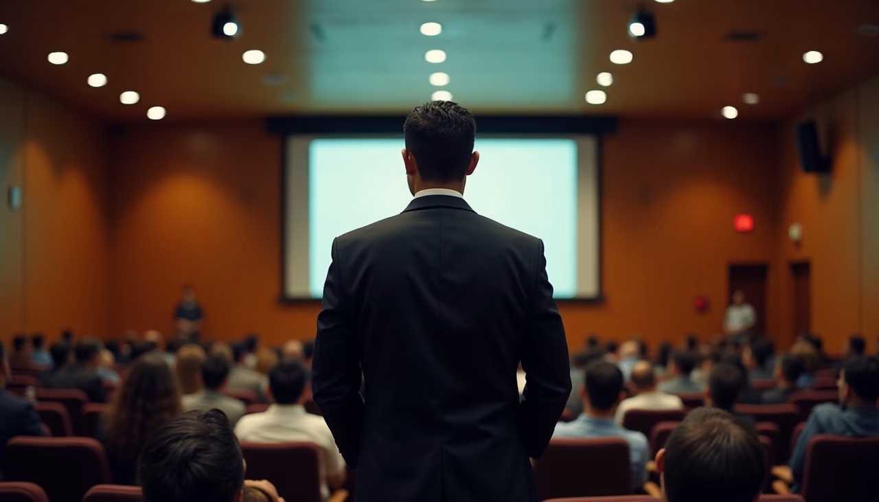 Oficial de traje al fondo del auditorio durante una presentación, con el público sentado de espaldas