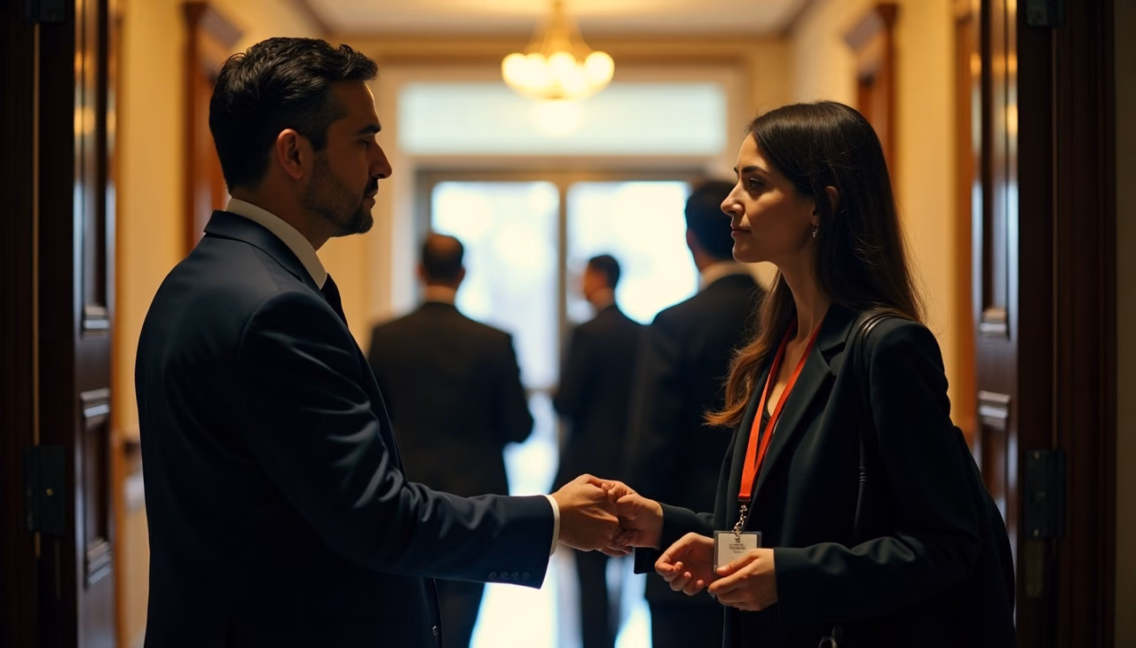 Oficial de traje revisando el gafete de una asistente en la puerta doble de una sala de conferencias